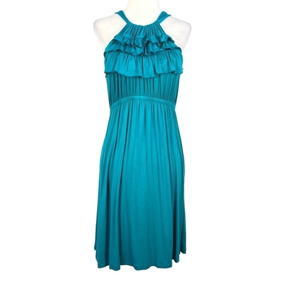 Miuse RUFFLE FRONT HALTER EMPIRE WAIST KNEE LENGTH DRESS - Picture 1 of 11